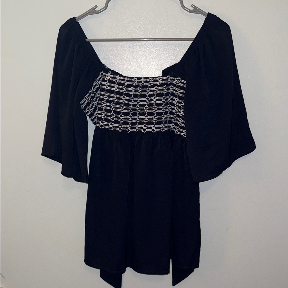 SHEIN Dark Blue and White Smocked Blouse